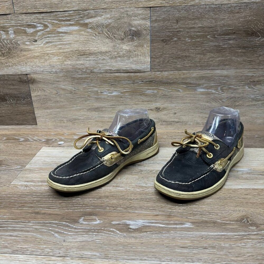 Sperry Bluefish Leather Sparkle Leo Black Boat Shoes Women's Size 7.5